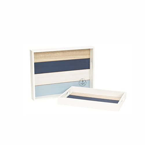 2er Tablett Set Maritim Holztablett Dekotablett Serviertablett Holz Anker 40x30cm + 35x24cm - blau Weiss Natur (Maritim Set)