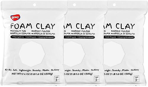 BOHS weißer Schaumton, 3 Stück, 1,5 kg – matschig, weich, lufttrocknend – für Schulprojekte, Cosplay, künstliches Backen, Schleimzubehör