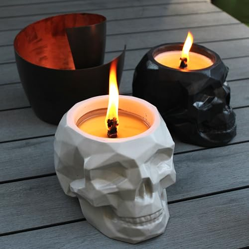 Totenkopf Wachsfresser Outdoor mit Dauerdocht - Betonkerze Made in Germany - Kerzenfresser Outdoor - Wiederbefüllbares Tischfeuer - Recycling von Kerzenwachs - auch für Indoor (Dunkel)