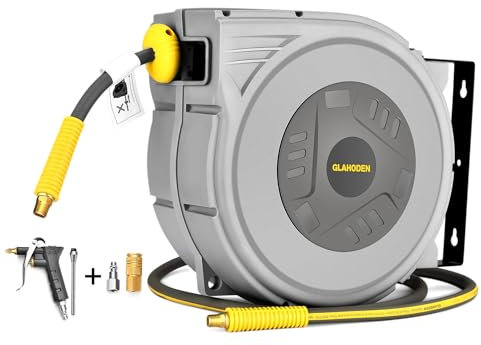 GLAHODEN Enclosed Retractable Air Hose Reel, 3/8 in x 80 Ft Hybrid Hose Air Compressor Hose Reel with 6 Ft Lead in Max 300 PSI Patented Design for Any Length Lock 180°Swivel Bracket Quick Coupler