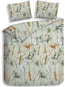 Heckett & Lane Flanell Bettwäsche 155x220 Areca Green Blätter grün braun grau