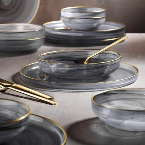 Fecra Loya 18 Piece Dinner Set for 6 People, Black/Gold