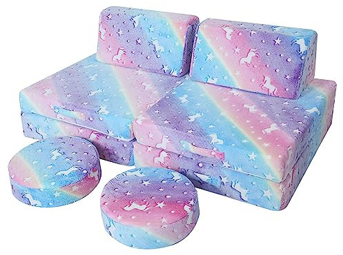 MeMoreCool Spielsofa für Kinder, Modulares Sessel Couch für Kuschelecke Kinderzimmer, Schlafsofa, 8-teiliges Sofa Spielset, Schaumstoff Sofa Bed mit Schlaffunktion für Mädchen Jungen, Regenbogen