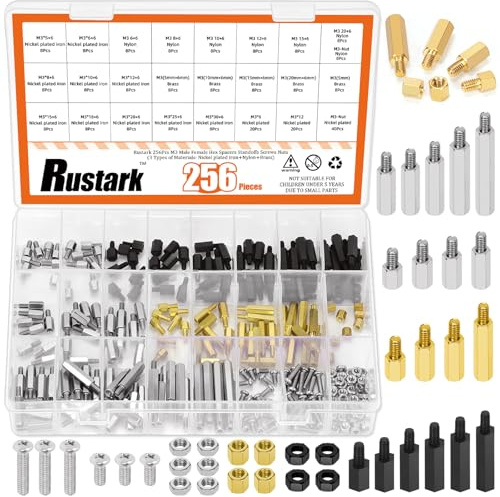 Rustark 256Pcs 24 Sizes M3 Nickel Plated Brass Nylon Hex Male Female Spacers Standoffs Screws Nuts Assortment Kit Threaded Pillar Motherboard Standoffs and Screws for Circuit Board PCB Motherboard