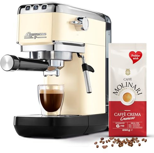 Tchibo Siebträger Espressomaschine „Lapressa“ (15 bar, 980ml Wassertank), Pre-Infusion Technologie, 2-Tassen-Funktion und Milchschaumdüse (Cremeweiß) INKLUSIVE Caffè Molinari Kaffeeprobierpack GRATIS