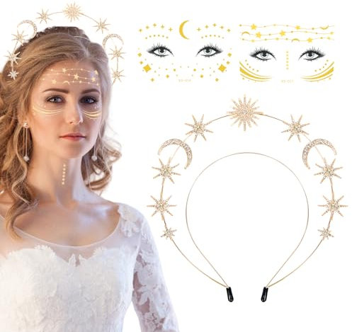 Haarreif Sonne Mond Stern,Sonne Krone Sterne Kristall Stirnband mit 2 Sonne Gesichtstattoo Glitzer, Haarreif Sonne Gold für Fasching Karneval Halloween Musikfestival Party