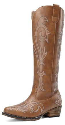 DREAM PAIRS Stivali da Cowboy da Donna Comodi Stivali Alti Fino al Ginocchio da Cowgirl con Cerniera Laterale Tacco Grosso Stivali Western Ricamati,Size 39,Marrone,DWUMKB2502