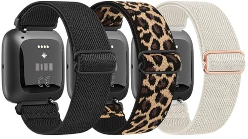 Vancle 3 Stück Armband für Fitbit Versa 2 Armband/Fitbit Versa Armband Herren Damen,Nylon Elastisch Verstellbares Uhrenarmband für Fitbit Versa 2/Versa/Versa Lite/SE(Schwarz/Leopard/Starlight)
