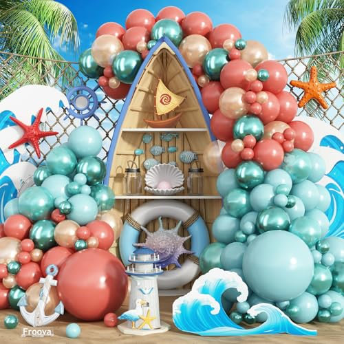 Froova Tropical Balloon Garland Arch Kit, 144pcs Retro Orange Pastel Aqua Teal Blue Rose Gold Turquoise Metallic Dark Green Balloon for Birthday Hawaiian Luau Baby Shower Summer Theme Party Decoration
