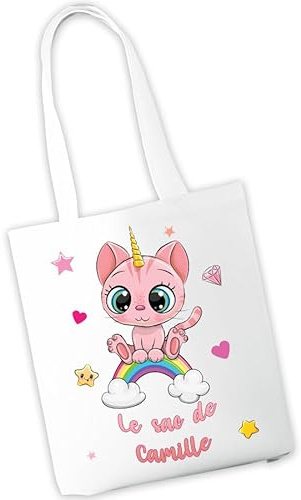 Sac à cahiers personnalisé - Sac de transport pour cahiers et livres d'école ou de bibliothèque - Prénom et motif au choix - Cadeau rentrée scolaire, maternelle, crèche, école (Chaton rose)