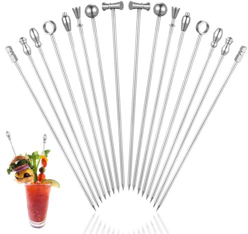Tyqour 16 pinchos de cóctel de acero inoxidable de 11 cm, reutilizables, de acero inoxidable, martini, palillos de frutas, cócteles, para comida con los dedos, para comer con los dedos, frutas
