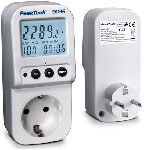 PeakTech 9036 Energiekostenmessgerät, Strommessgerät/Strommesser 0,1W Auflösung mit beleuchteter Anzeige und Leistungsfaktor