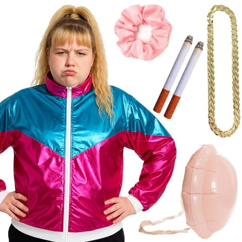 90er Jahre Chav inspiriertes lustiges Kostüm-Set - Rosa Shellsuit Jacke, aufblasbarer Bauch, Haargummi, gefälschte Zigaretten & Goldkette Neuheit Verkleidung Outfit Halloween Cosplay