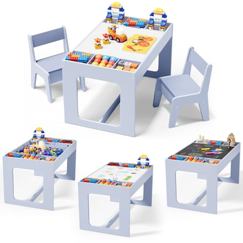 MAMIZO Kindertisch mit 2 Stühlen, Kindersitzgruppe mit Stauraum,Kindermöbel | Kinderschreibtisch mit wendbarer Tischplatte, Kinder Tisch Stuhl Set für Kinderzimmer, Kindertagesstätte, ab 3 +, Blau