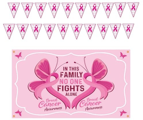 Breast Cancer Awareness Decorations – Large Pink Ribbon Backdrop (150×90cm) & 10m Triangle Banner with 20 Flags for Events, Fundraisers & Support Displays