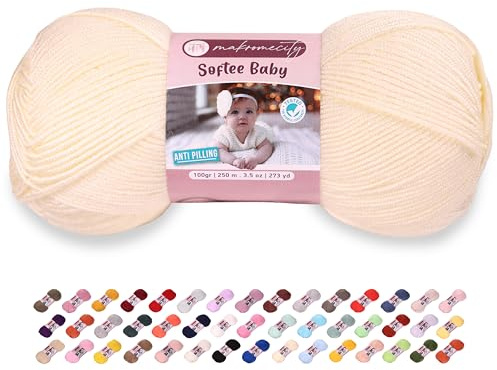 Makromecity Softee Baby Garn, 100% Anti-Pilling Acryl, 100 g, 250 m, weiches Premium Garn zum Häkeln und Stricken, Baby-Strickjacken, Decken, Mützen und Babyschuhe (Creme, 1 Strang)