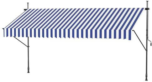 LILIIN Klemmmarkise Markise Balkonmarkise Sonnenschutz Flexibler Sonnenmarkise, UV-beständig und Höhenverstellbar Terrassenüberdachung, ohne Bohren, 100% Polyester, Blau-Weiß Gestreift, 300x120cm