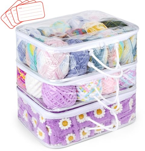 Aeelike Transparenter Wolle Aufbewahrungs Organizer, 3 Stück Garn Tasche mit 4 Etiketten, PVC Praktisch Wolltasche mit Griff, Wolle Garnaufbewahrung mit Reißverschluss, 40 x 30 x 15cm, Weiß