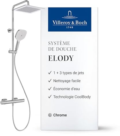 Villeroy & Boch Elody Duschsystem, Komplettset mit Thermostat – Chrom | Regendusche, Handbrause mit 3 Strahlarten, wassersparend, TVS13000100061