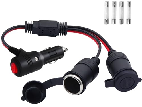 LANMINGLEL 1 bis 2 KFZ Auto Zigarettenanzünder Stecker mit Schalter, 12V/24V Dual-Zigarettenanzünder-Splitter Y Kabel mit 15A Sicherung für Reifenpumpe,Luftkompressor (1 to 2)