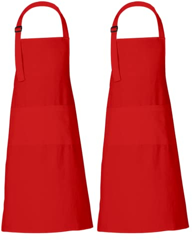 RAJRANG Rote Baumwollschürze 69 x 89 cm 2er Set Professionelle Kochschürzen mit 3 Taschen Verstellbarer Nackenband Latzschürze für Restaurant Herren Damen