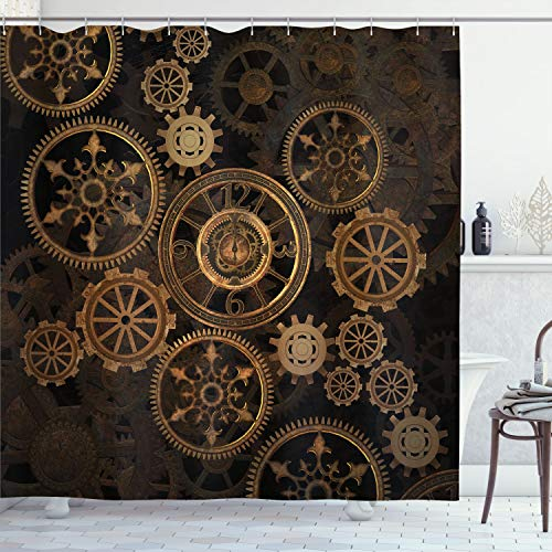 ABAKUHAUS Steampunk Duschvorhang, Räder Dunkle Schatten, Stoffliches Gewebe Badezimmerdekorationsset mit Haken, 175 x 200 cm, Dark Brown Sand Braun