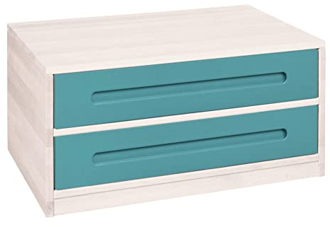 BioKinder Lina Sideboard Bettkasten Kommode mit 2 Schubladen aus Massivholz Kiefer 80 x 55 x 40 cm weiß lasiert, Schubladen blau lasiert