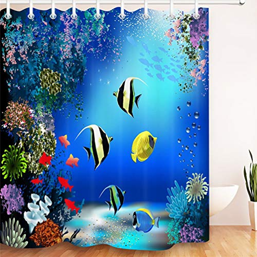 LB Unterwasserwelt Duschvorhang Fische und Korallenriff in der Tiefsee Polyester Stoff Lang Bad Vorhänge Wasserdicht Anti Schimmel Badezimmer Deko Heimzubehör mit Vorhanghaken,180X200cm