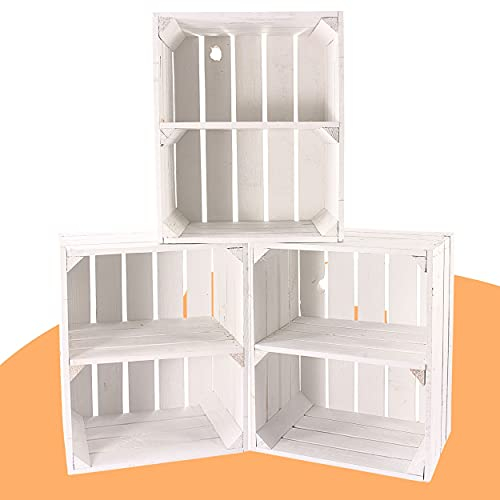 3 Neue weiße Obstkisten mit Einlegeboden/Zwischenbrett Quer 50cm x 40cm x 30cm Weinkisten Holzkiste Regal Bücherregal Kiste Shabby chic Mehrzweck