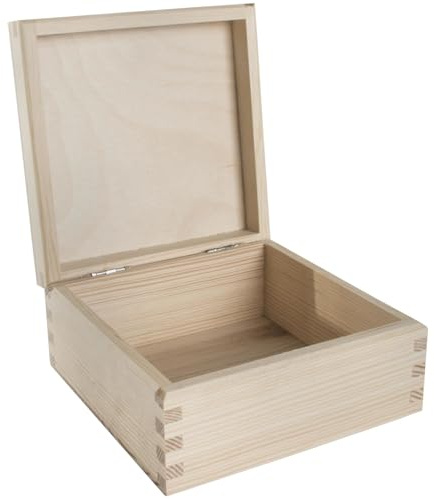 WooDeeDoo Small Square Wooden Box with Hinged Lid – 12 x 12 x 6 cm Plain Pine Storage for Trinkets Jewellery Crafts Memory Gifts DIY Decoration Unpainted Natural Wood