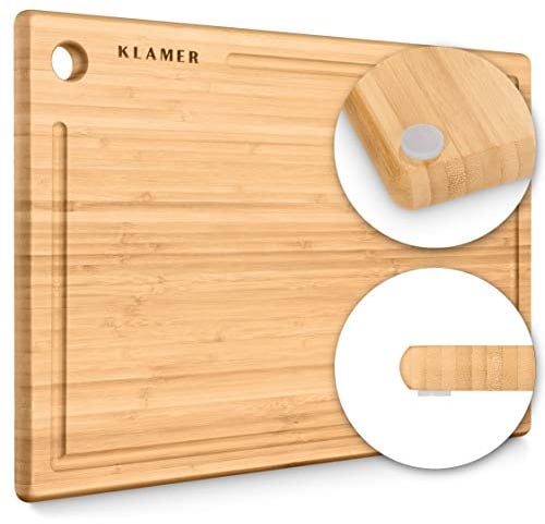 KLAMER Schneidebrett Bambus rutschfest mit Saftrille – Premium Holz-Brett, 45x30x2cm, leicht reinigbar, antiseptisch, umweltfreundlich, Natur-Holz