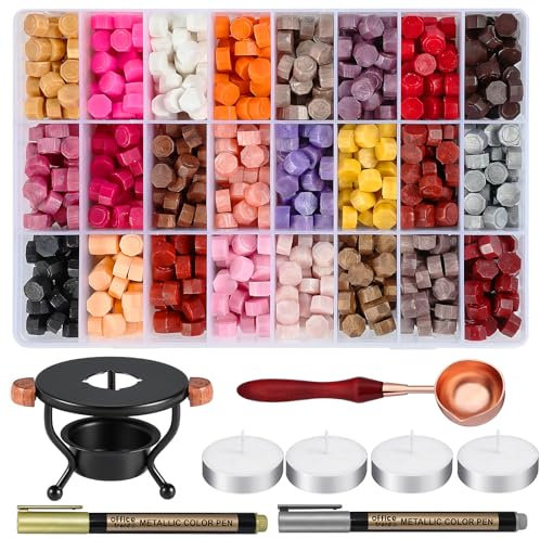 WEWINK PLUS 720Pcs Wax Sealing Beads Set with Wax Seal Warmer, Spoon, 4Pcs Candles and 2 Metallic Pens for Invitations, Envelopes, Letters, Gifts, Crafts, Decorations, 24 Colors