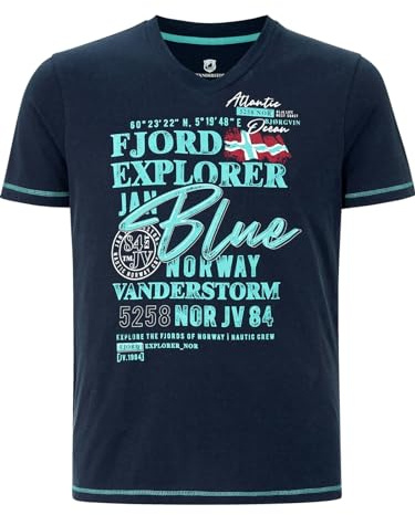 Jan Vanderstorm Herren T-Shirt Nordger | mit großem Druck-Motiv, kurzarm, mit V-Ausschnitt, mit Kontrastnähten, Freizeitshirt aus 100% Baumwolle, Übergröße L-7XL