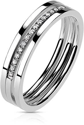 Paula & Fritz® Ring Damen Triple-Ring Silber Zirkonia klar 316L Chirurgenstahl Größe 52 (16,6) 4,5-mm Breit Herren-Ring Partner-Ring Ehe-Ring Dreifach