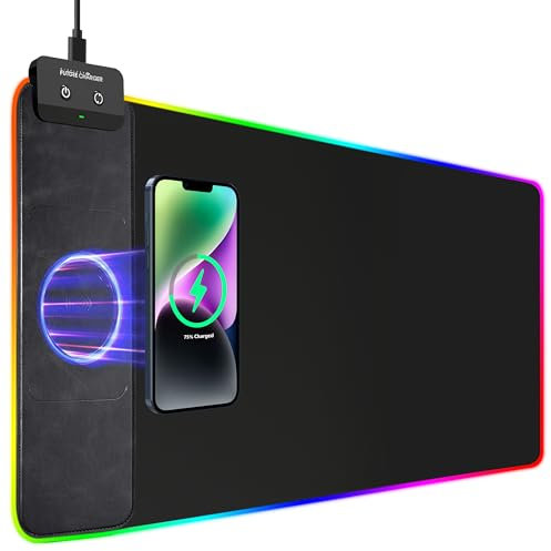 Wireless Charging RGB Gaming Mouse Pad 10W, 31.5''x15.7''Extended Large Desk Mat Protector, [9 Light Modes] [Light Switch] [Non-Slip Rubber Base] [Waterproof] Keyboard Mat, No Adapter