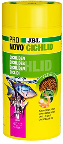 JBL PRONOVO CICHLID GRANO, Hauptfutter für Buntbarsche von 8-20 cm, Klickdosierer, Fischfutter-Granulat, Größe M, 1000 ml