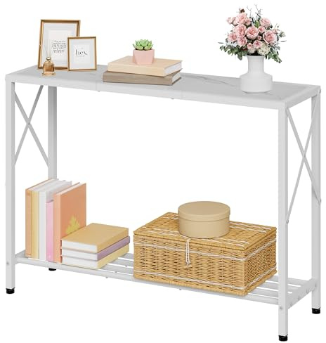 Tajsoon Konsolentisch, 2-stöckiger Eingangstisch, 106 cm Lang, Schmaler Sofatisch mit Regalen, Eingangstisch für Flur, Eingang, Wohnzimmer, Foyer, Korridor, Büro, Weiß