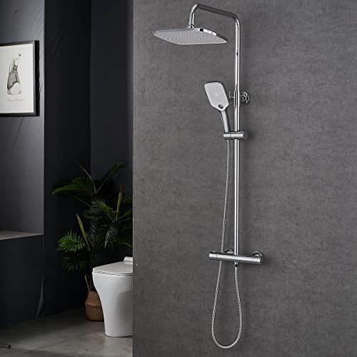 Plumbsys Cromo Conjunto de ducha Termostática ,Rectangular Sistema de ducha Termostática,Rociador superior de 30 cm ,Handbrause mit 3 Funktionen