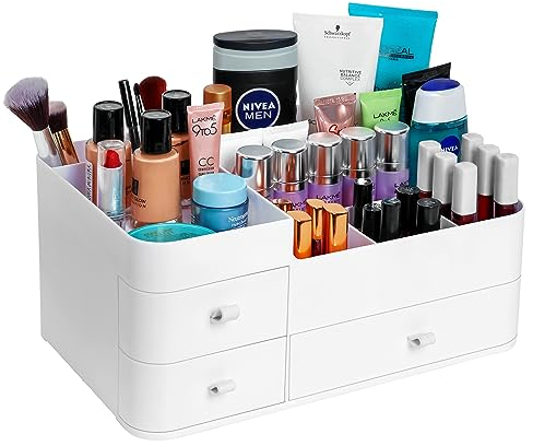 Winter Shore Weißer Kosmetik Organiser - Makeup Organizer Schminke für Nagellack, Kosmetik- & Hautpflegeprodukte - Organizer Bad mit Fächern und 3 Schubladen für Schminke, Parfüm, Pinsel & Zubehör