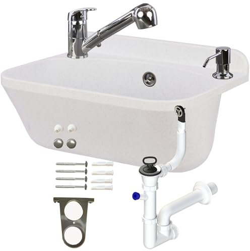 Lavabo 46,5 cm Suspendu - Blanc - Granit et polystyrène - Avec robinet extensible - Avec trop-plein - Distributeur de savon - Siphon mural