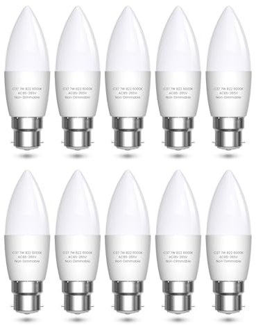 Bonlux B22 Candle Light Bulbs Bayonet LED Light Bulb Bayonet Light Bulbs 60W Incandescent Bulb Equivalent, 7W B22 LED Bulb Cool White 6000K Energy Saving LED Bulbs for Ceiling Lights, 600LM, 10-Pack