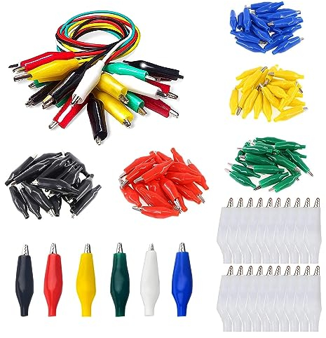 HUAZIZ 120 Pezzi Coccodrillo Clip 35mm Clip per Batteria Coccodrillo Morsetti Elettrico Test Helper + 10 Pezzi Cavi di Prova con Clip a Coccodrillo 50 cm Con Morsetti a Coccodrillo Cavo