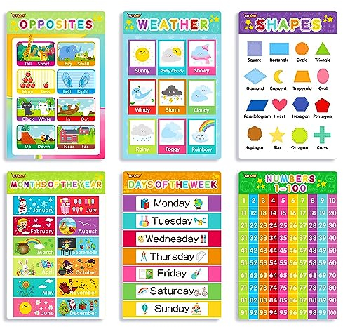 NymphFable 6 Stück Pädagogische Poster für Kleinkinder, Pre-K-Lernposter für Kleinkinder von 3-5, Alphabet Poster Kindergarten Homeschool Kindergarten Klassenzimmer Zubehör Dekor - Laminiert