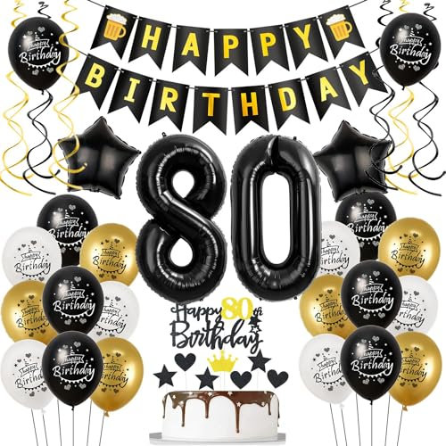 Luftballons 80. Geburtstag Schwarz Golden, Geburtstagsdeko 80 Jahre Mann Frauen, Ballon 80. Geburtstag, Folienballon Zahl 80, deko 80. geburtstag Frauen, Schwarz Tortendeko 80 Mann Deko