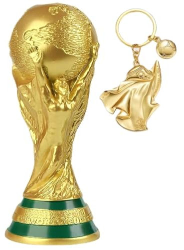 WittsY Trophée de la Coupe du monde 2022 Reproduction de la Coupe du monde 2022 avec porte-clés Qatar Ra'ib, trophée de la Ligue des champions, trophée pour fan de sport, décoration de table en résine