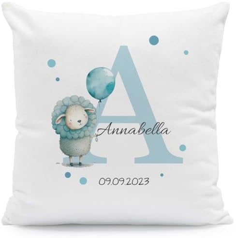 GRAVURZEILE Personalisiertes Deko Kissen mit Tiermotiv und Initiale - Personalisiert mit Name & Datum - 40x40 cm - Mit Füllung - Personalisierte Geschenke für Weihnachten und Geburtstag - Schaf