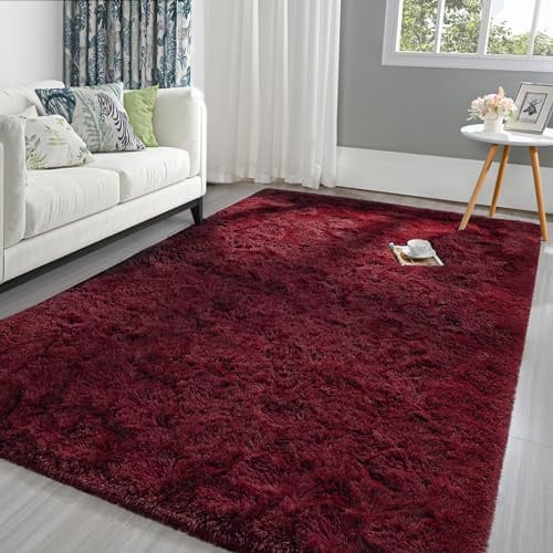 Pettop Flauschiger Burgunderroter Teppich für Schlafzimmer, Wohnzimmer, 90 x 150 cm, Rechteckiger Plüsch für Mädchen, Kinder, Jungen, rutschfest und Waschbar für Kinderzimmer