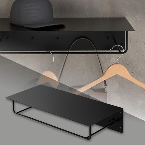 ML-Design Wandgarderobe mit Hakenleiste, Kleiderstange & Hutablage, 60x30x15 cm, Schwarz, Metall Flurgarderobe für Jacken & Mäntel, Garderobe, Wandmontage, Garderobenpaneel hängend für Eingang & Flur