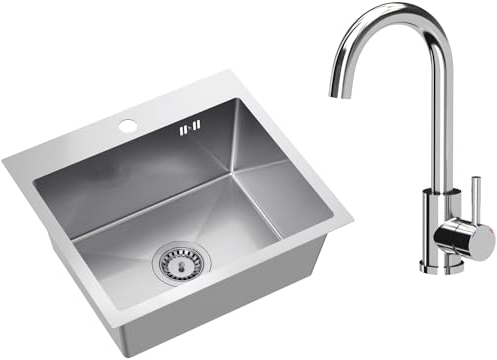 VBChome Edelstahlspüle mit Armatur 50 x 45 cm Gebürsteter Edelstahl Einbauspüle mit Hahnloch Edelstahl Küchenspüle Spüle Groß Becken Ablaufgarnitur Siphon Edelstahlspüle Gebürstet mit Armatur Chrom