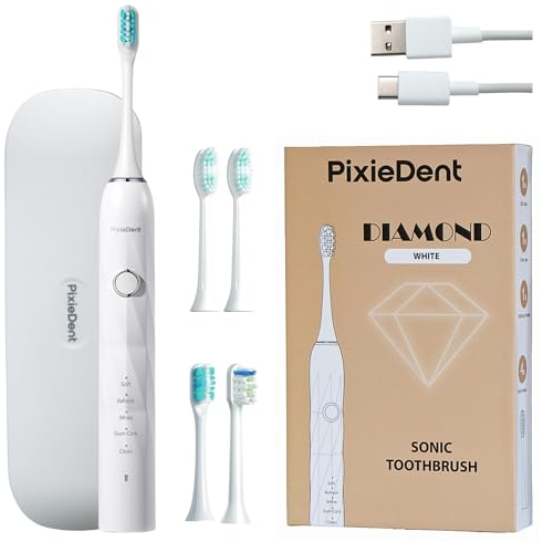 PixieDent Diamond Elektrische zahnbürste mit 2 Ersatzbürsten 5 Betriebsmodi Schallzahnbürste Reiseetui Ultraschall zahnbürsten mit Timer 84.000 Schallwellenbewegungen